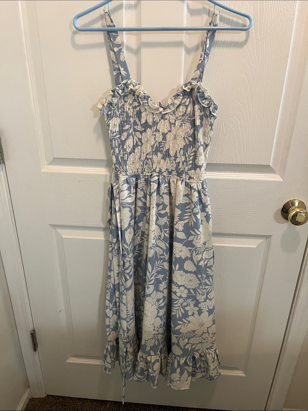 Blue and White Floral Smocked Midi Dress